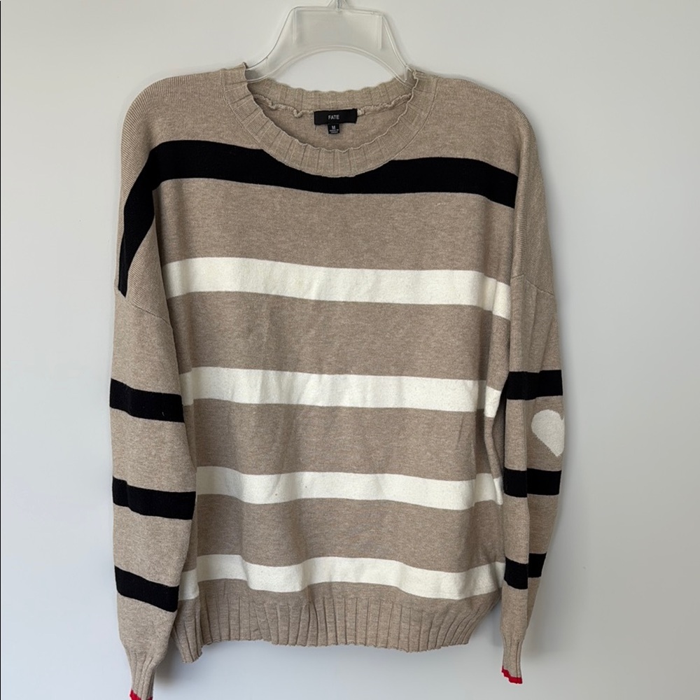 Fate Women's SZ M Striped Sweater - Tan, Black, and White - red line on sleeve